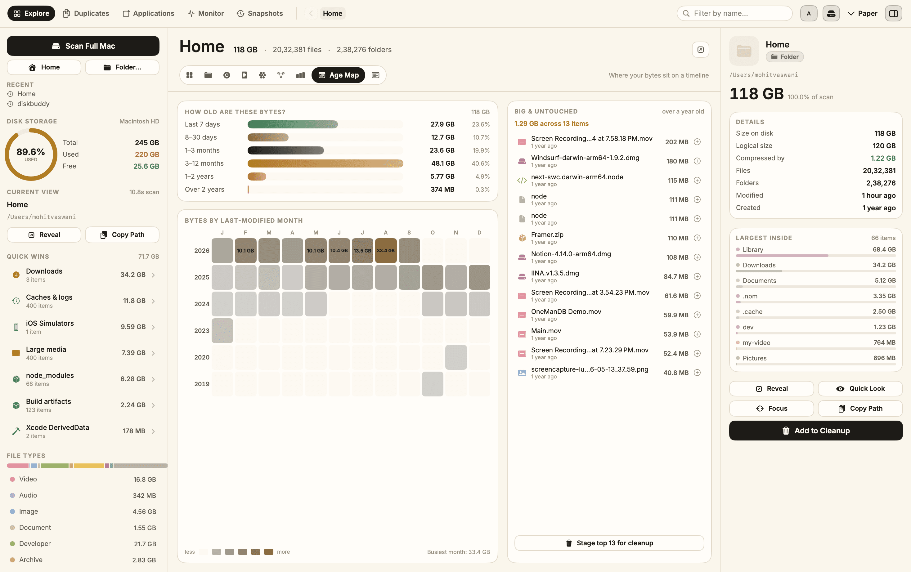 DiskBuddy age map with a bytes-by-age breakdown and a last-modified month heatmap.