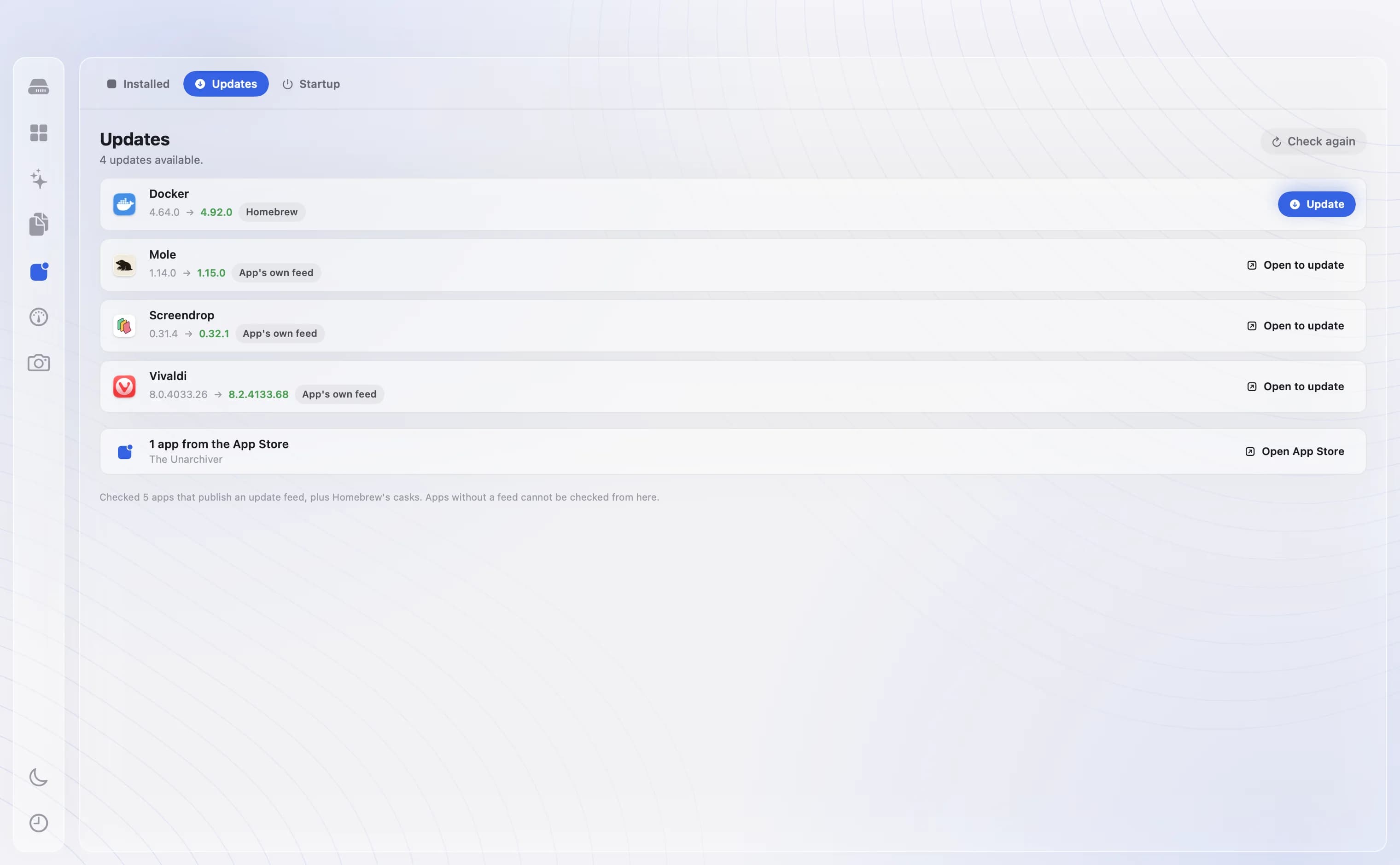 DiskBuddy Applications Updates tab listing apps with newer versions available.