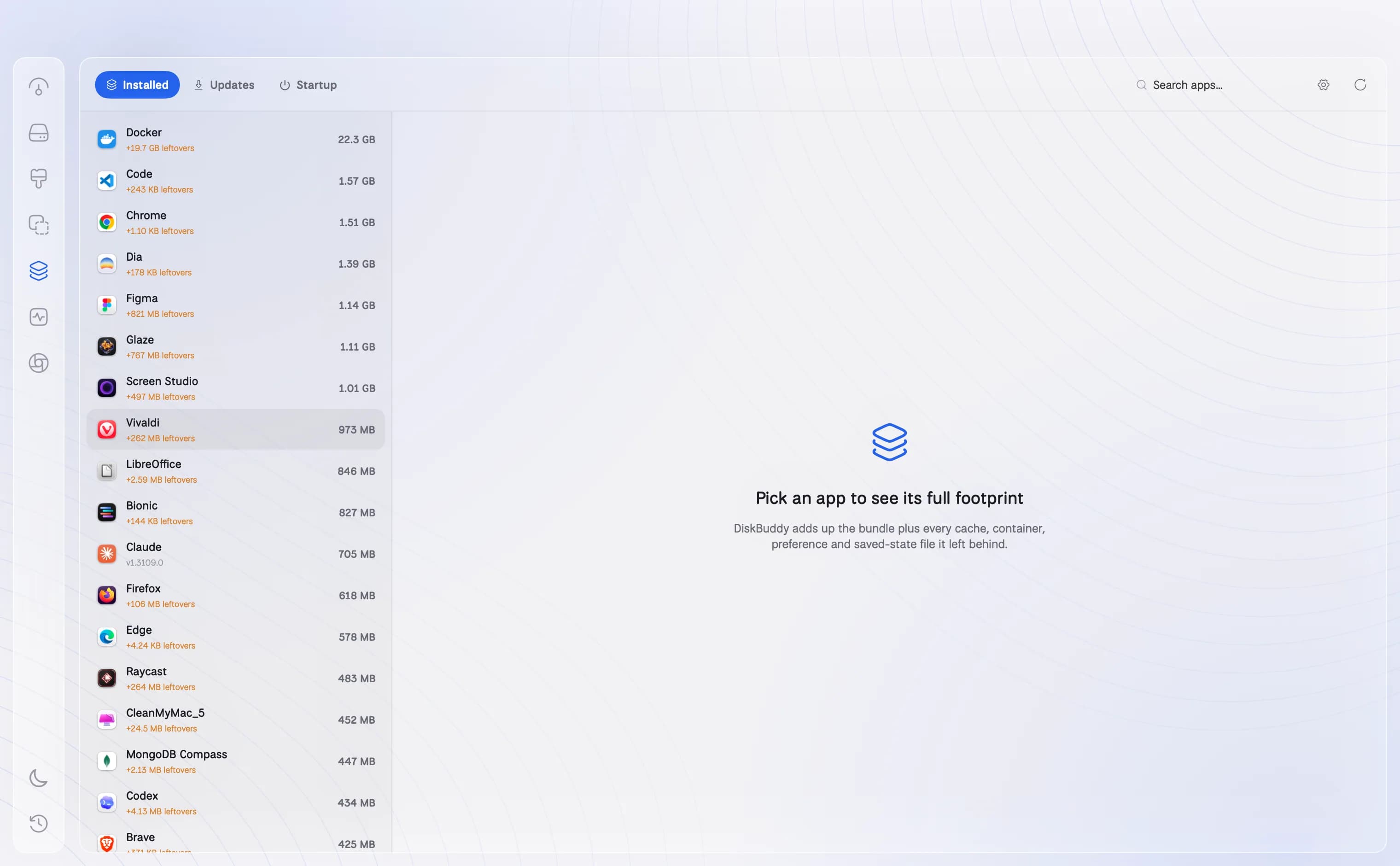 DiskBuddy Applications room showing Chrome's footprint, its 24-hour activity and associated files.