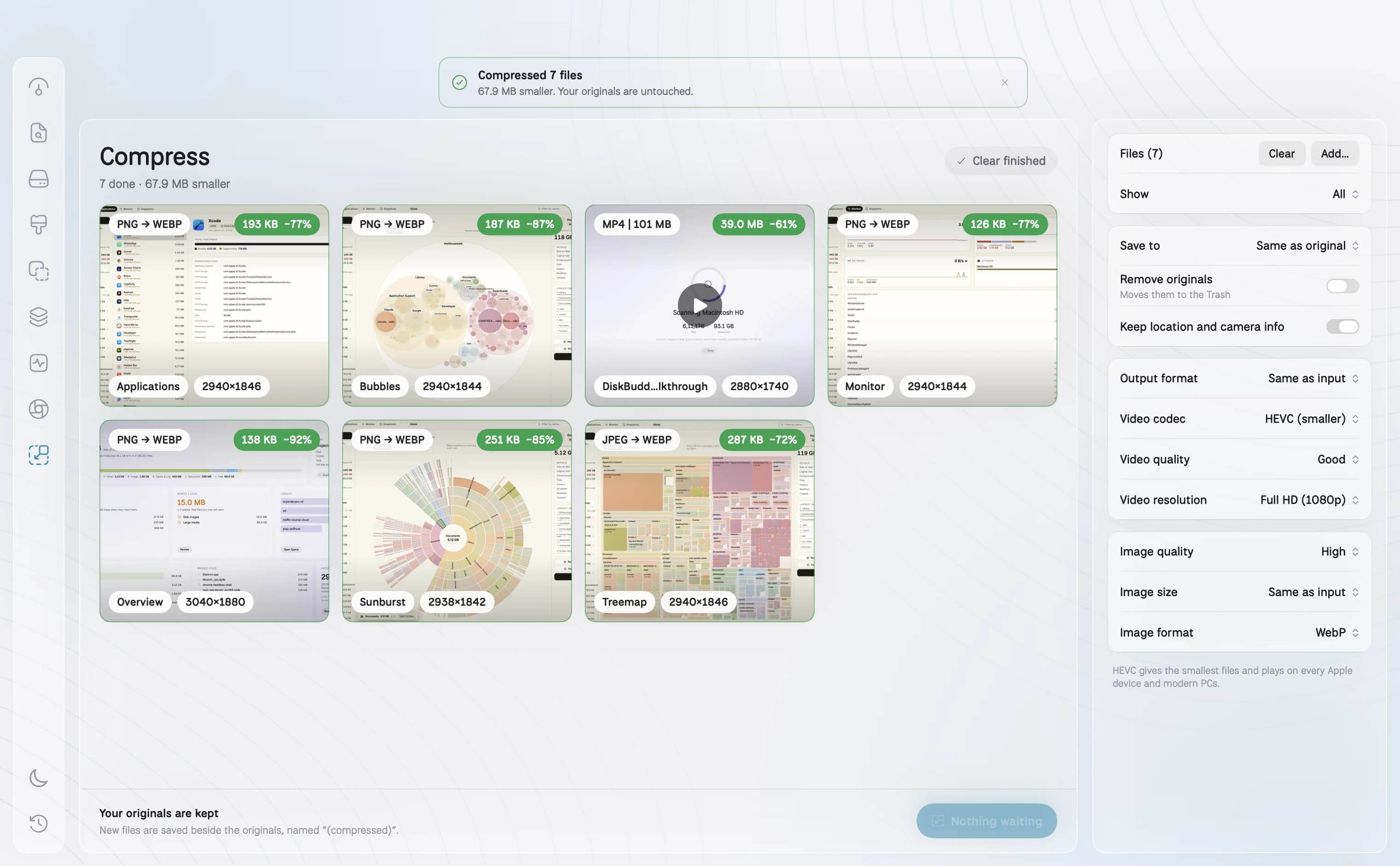 DiskBuddy Compress: a grid of screenshots and a screen recording, each showing its new size and saving, beside the compression settings.