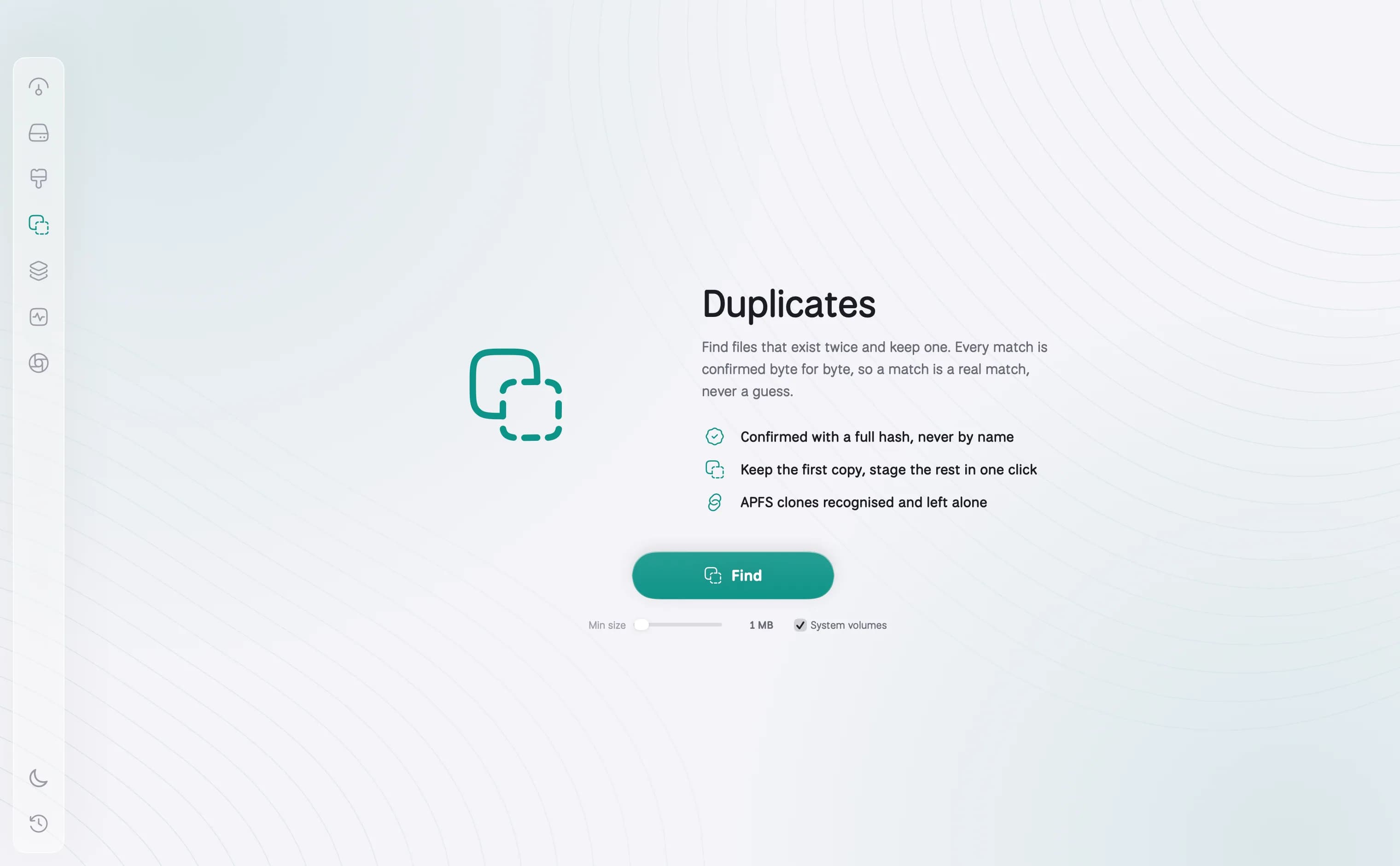 DiskBuddy Duplicates room listing groups of identical files with a Keep first button on each.