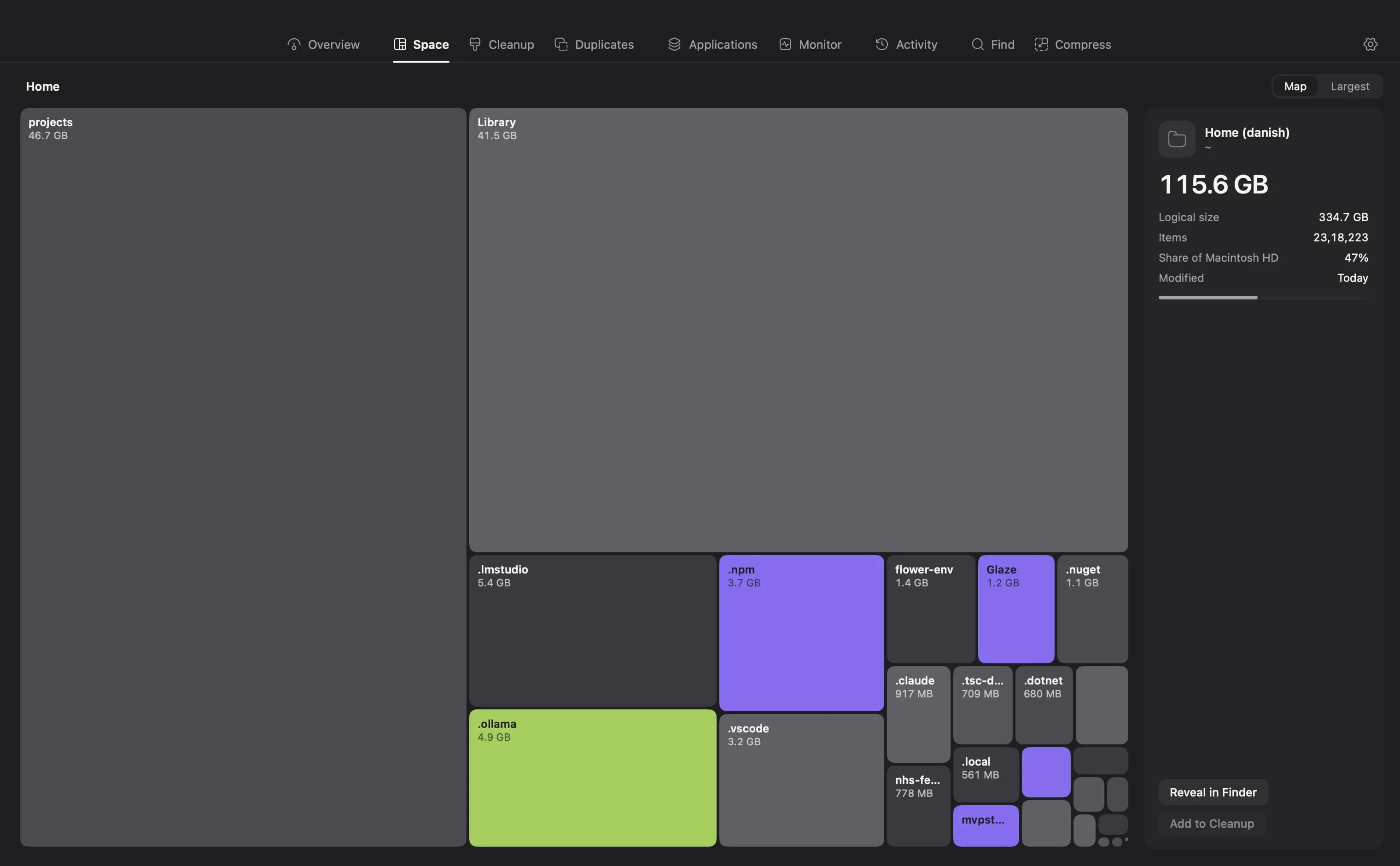 DiskBuddy treemap of a 116 GB home folder, every folder drawn as a block sized by the space it uses.