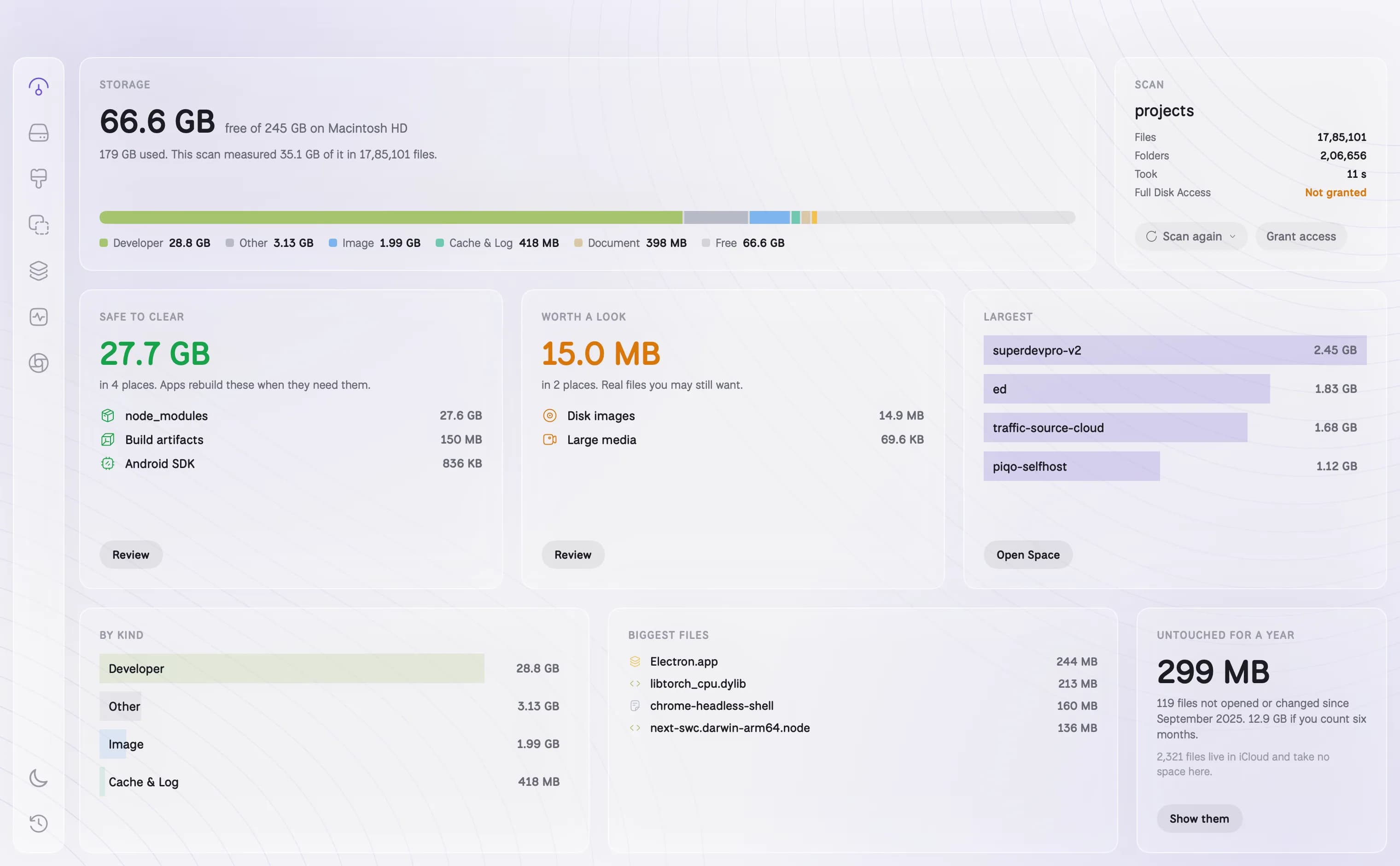 DiskBuddy Overview: storage bar, safe to clear and worth a look cards, largest folders and biggest files.