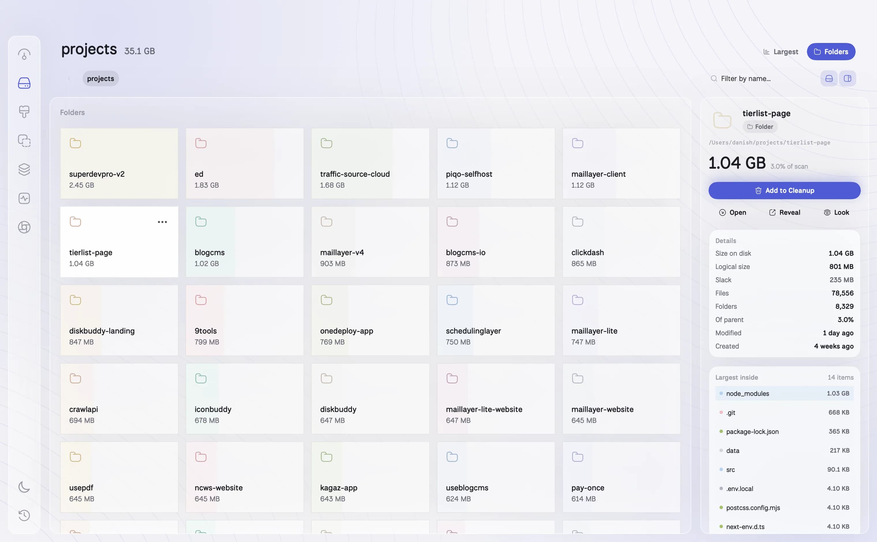 DiskBuddy Space room showing folders as sized cards with an inspector on the right.