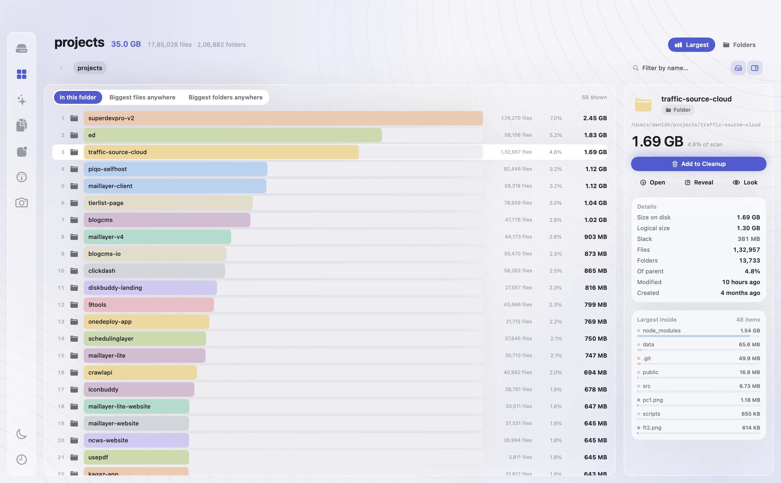 DiskBuddy Space room ranking the largest items on the disk.