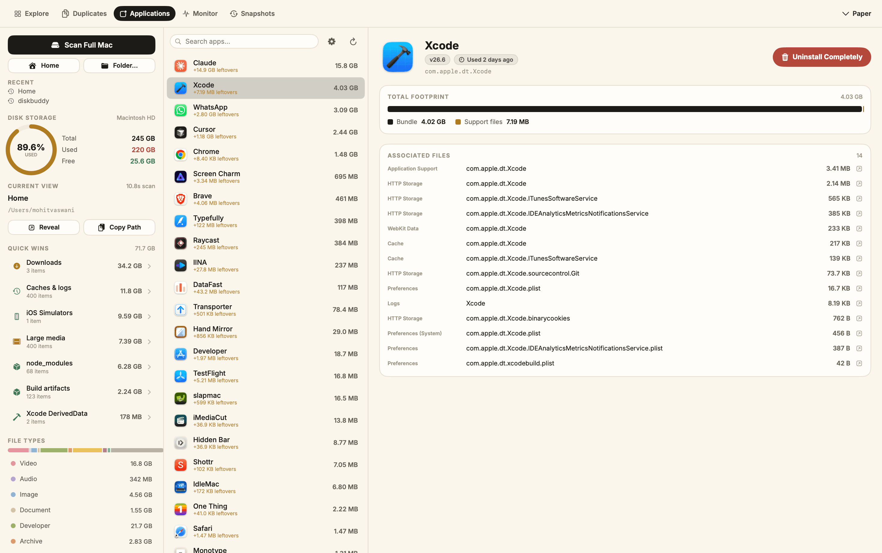 DiskBuddy Applications tab showing Xcode's 4.03 GB footprint alongside the fourteen support files it wrote elsewhere on the drive.