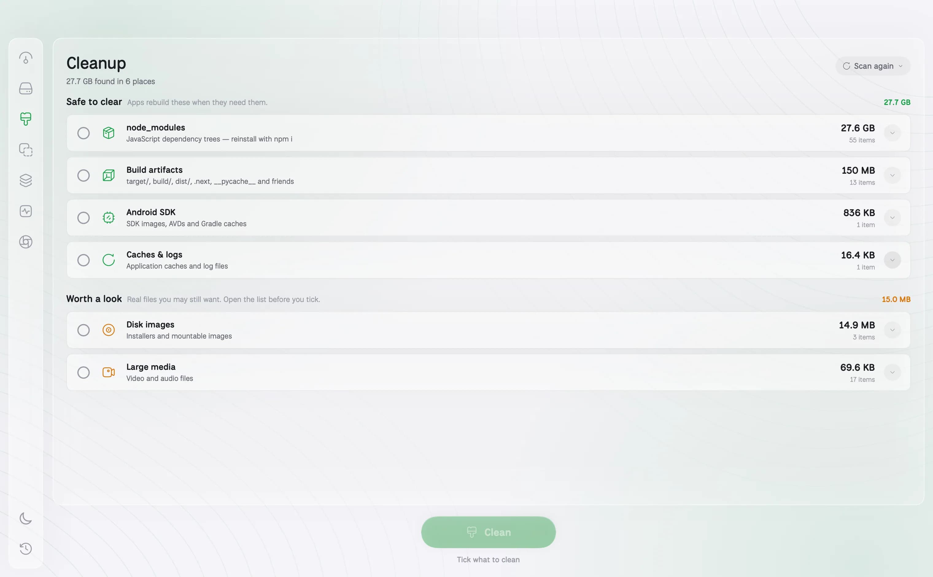 DiskBuddy Cleanup room listing node_modules, build artifacts, caches and disk images with a Clean button.