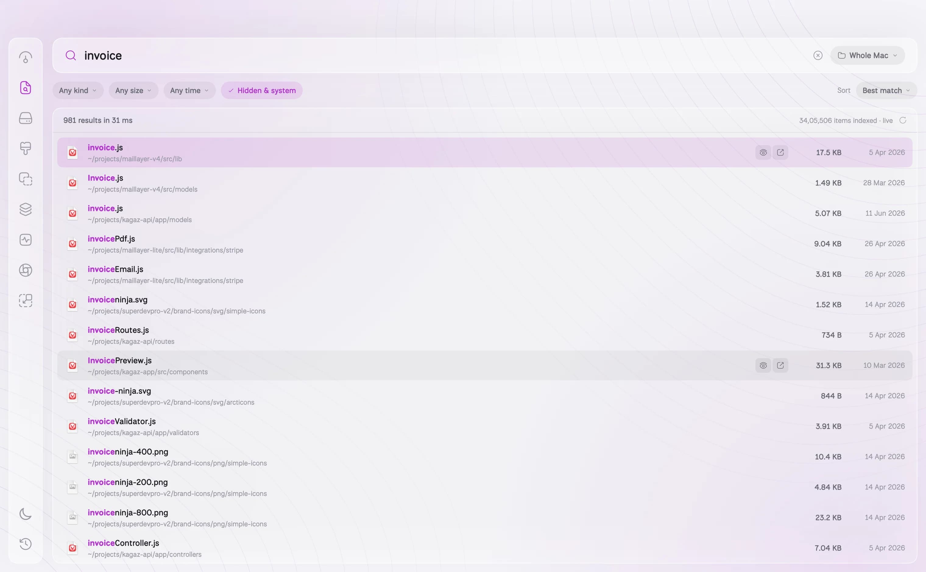 DiskBuddy Find: a search for invoice returning 981 results from 3.4 million indexed items in 31 milliseconds.